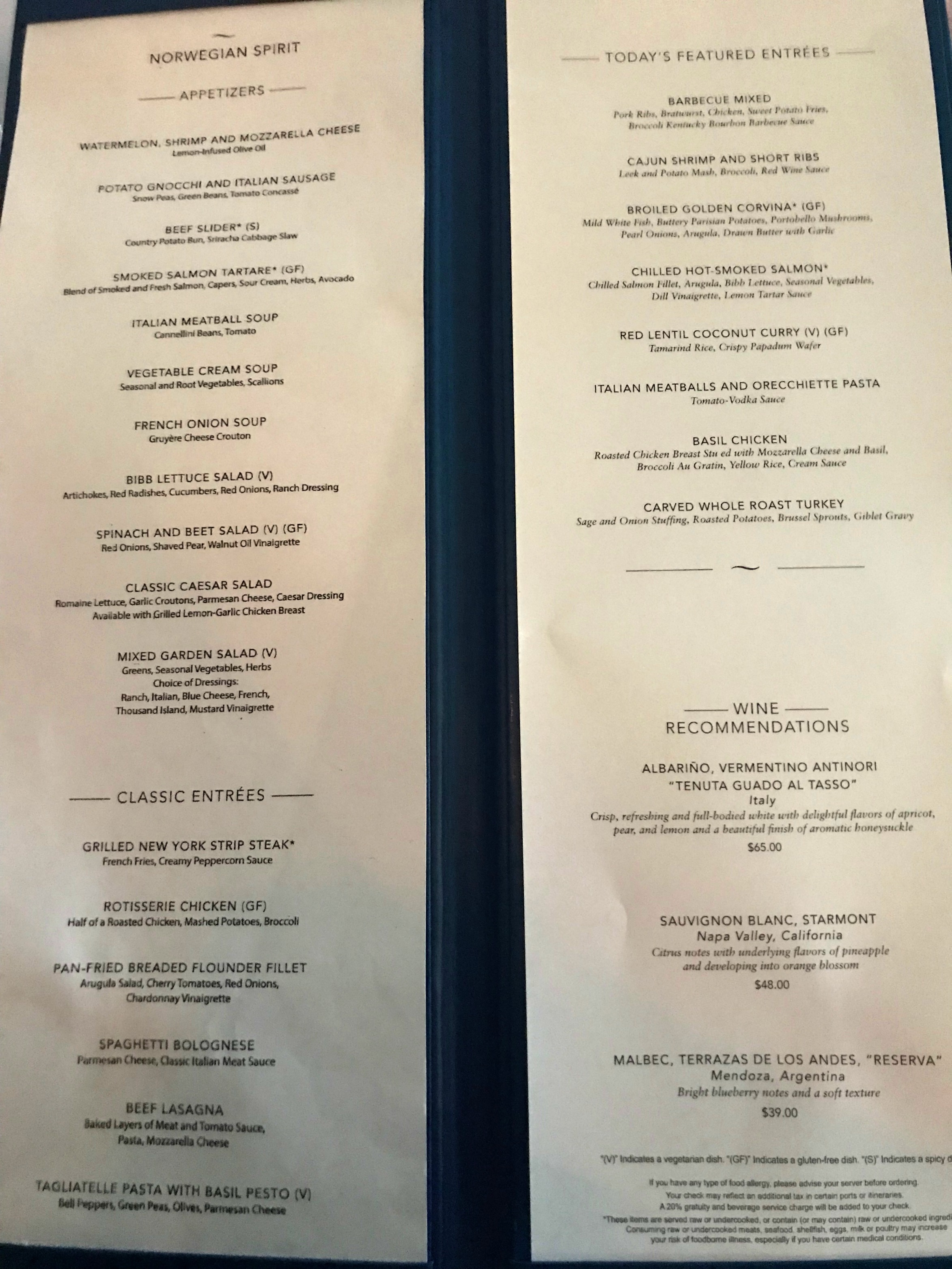 spirit dinner cruise menu